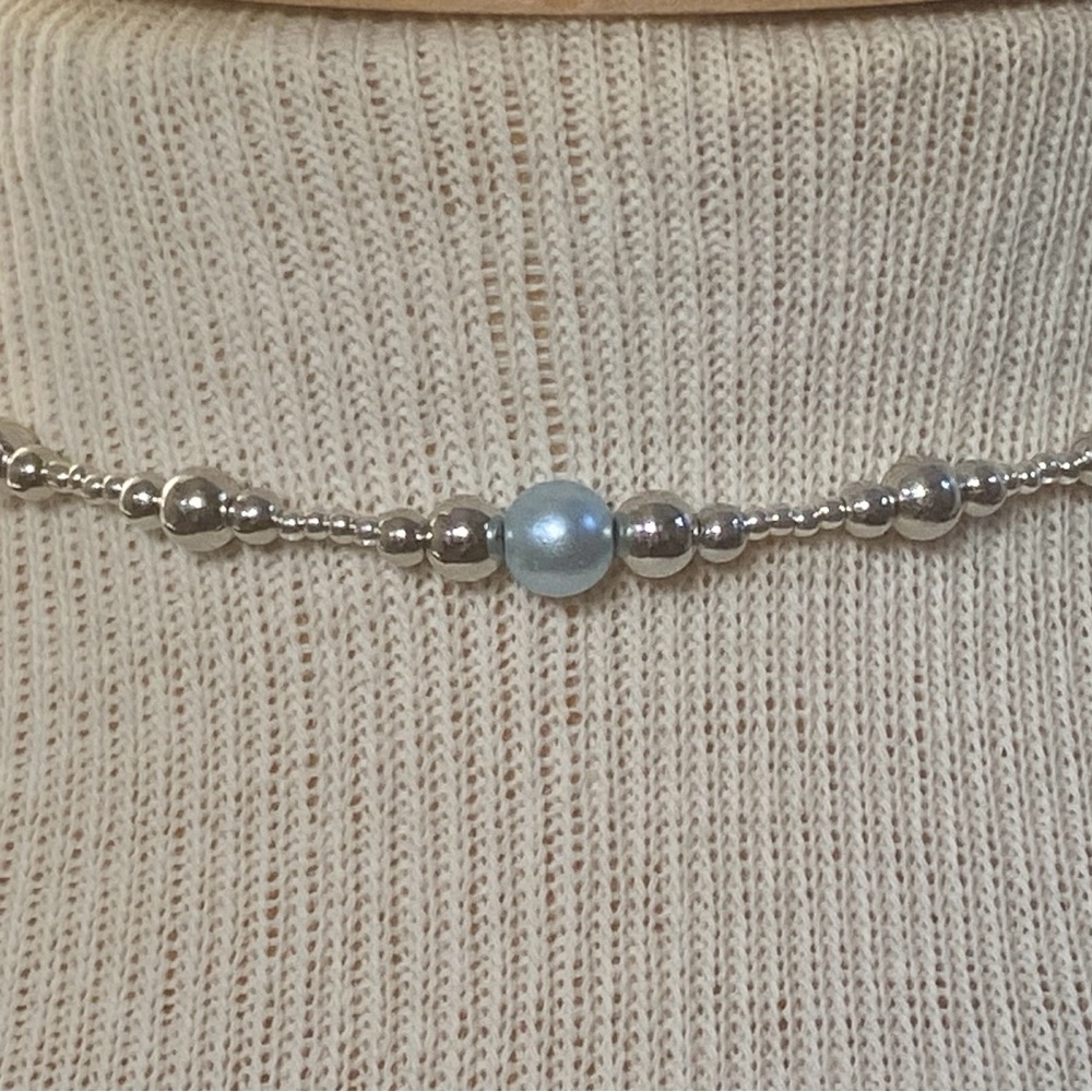 Silver and Blue Faux Pearl Beaded Choker Necklace - Picture 2 of 2